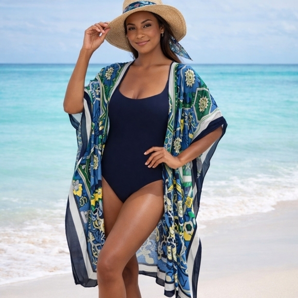 Adrienne Vittadini Other - NWT Adrienne Vittadini Kimono & Hat Cover up 2pc Set Rhinestones Luxury Summer